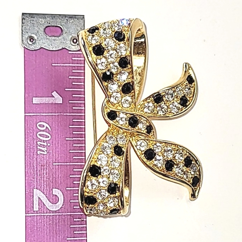 BLACK & CLEAR RHINESTONE BOW PIN BROOCH - Picture 5 of 7